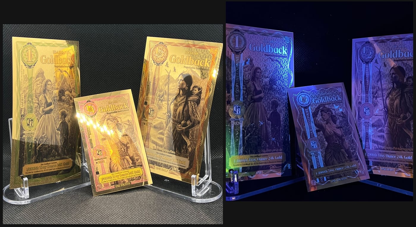 Idaho Goldback notes in normal light next to the same notes glowing under UV light, showing the anti-counterfeit verification feature